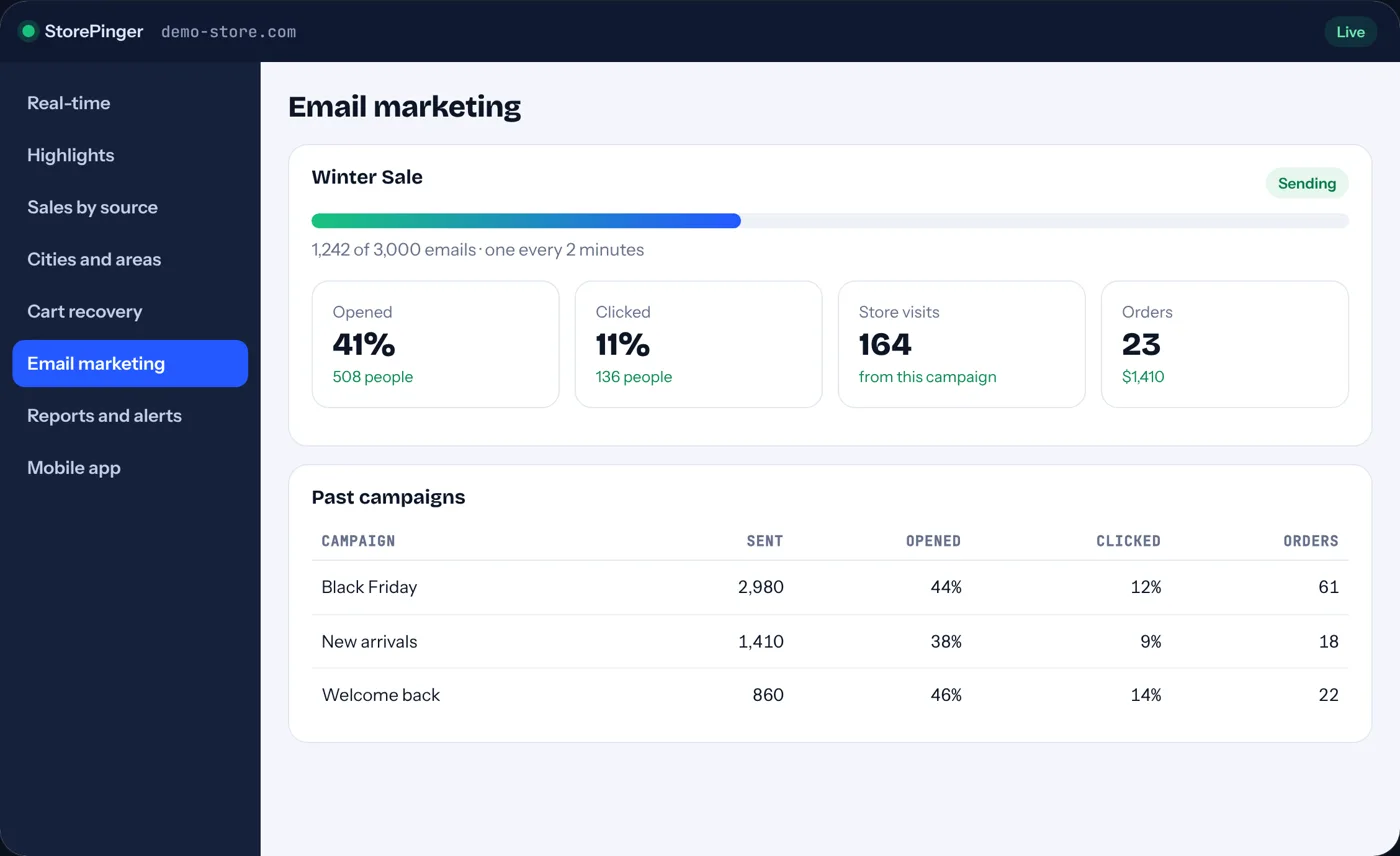 Email marketing in the StorePinger dashboard