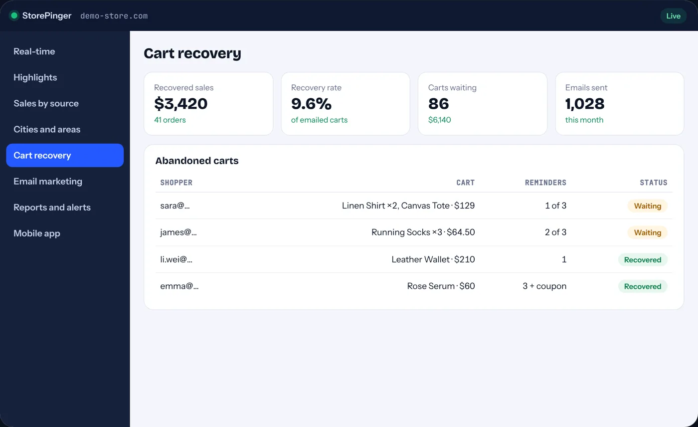 Abandoned cart recovery in the StorePinger dashboard